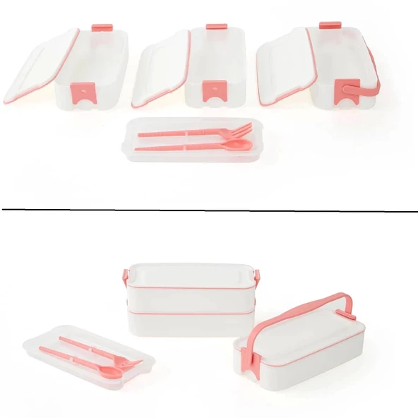3 Katlı Kulplu Beslenme Kabı  Diyet Sefer Tası Saklama Kabı Çatal Kaşıklı - Resim 3