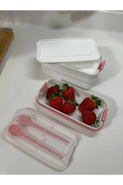 3 Katlı Kulplu Beslenme Kabı  Diyet Sefer Tası Saklama Kabı Çatal Kaşıklı - Resim 5