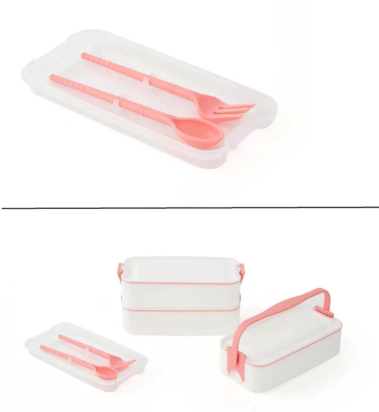 3 Katlı Kulplu Beslenme Kabı  Diyet Sefer Tası Saklama Kabı Çatal Kaşıklı - Resim 2