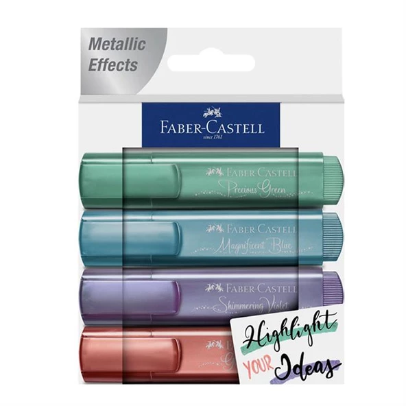 Faber Castell 46 Fosforlu Kalem Metalik 2021 Yeni Renkler 4'lü Set - Beyaz Kutu