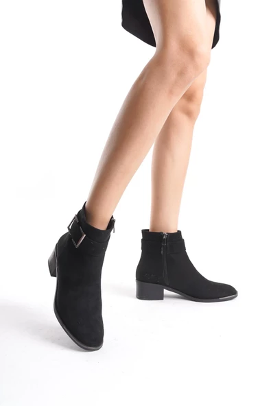 Kadın Kalın Topuklu Kısa Bootie Yanı Toka Detaylı Fermuarlı Casual Şık Bot - 2