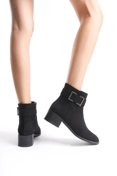 Kadın Kalın Topuklu Kısa Bootie Yanı Toka Detaylı Fermuarlı Casual Şık Bot - 3