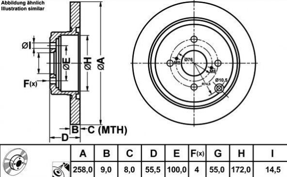 FREN DISK ARKA DUZ 258-4 ( TOYOTA: COROLLA 03 - 07   TOYOTA: COROLLA VERSO 02 - 04) - 1