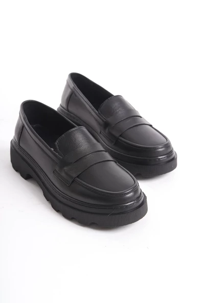 Kadın Hakiki Deri Önü Bant Detaylı Loafer Ayakkabı Kalın Taban Yuvarlak Burun Casual Ayakkabı - 4