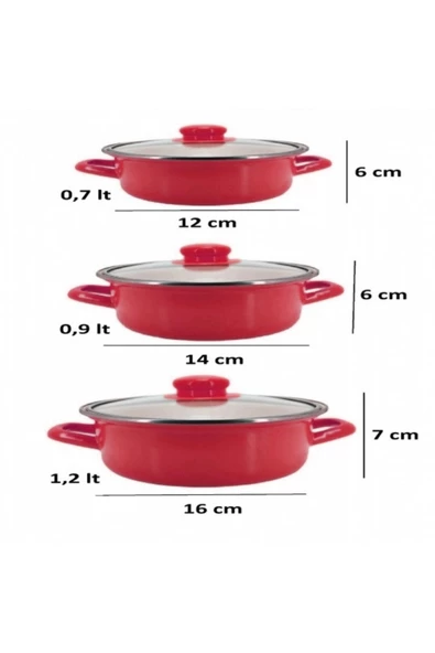 Nishev.com Evini Sev 6 Parça Mini Emaye Tencere Seti 12/14/16 cm – Kırmızı - 3
