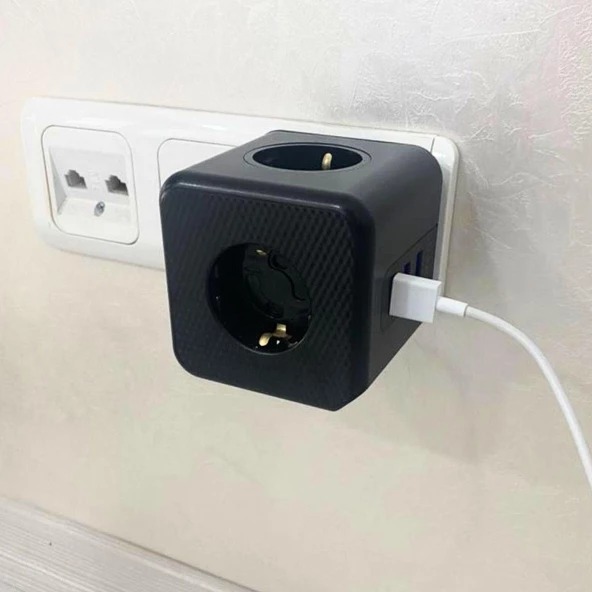 Termal Akım Korumalı Priz Çoklayıcı - 3 USB - 3 Priz Girişli Küp Priz - 5