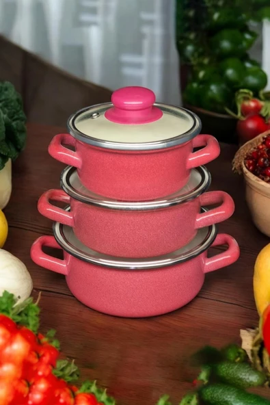 Nishev.com Evini Sev 6 Parça Mini Emaye Tencere Seti 12/14/16 cm – Kırmızı - 2