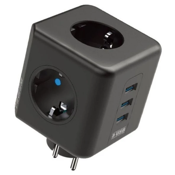Termal Akım Korumalı Priz Çoklayıcı - 3 USB - 3 Priz Girişli Küp Priz - 2