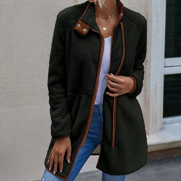 Uzun Kollu Kışlık Kadın Fermuarlı Tüylü Ceket Peluş