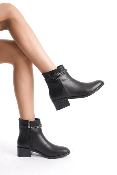 Kadın Kalın Topuklu Yanı Kristal Taş Detaylı Fermuarlı Günlük Şık Bot - Resim 3