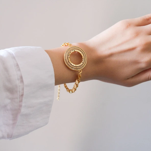 Çeyrekli Çerçeve Bileklik Altın Kaplama Arpa Zincir Taşlı Kelepçe BLK-1043 - Resim 3