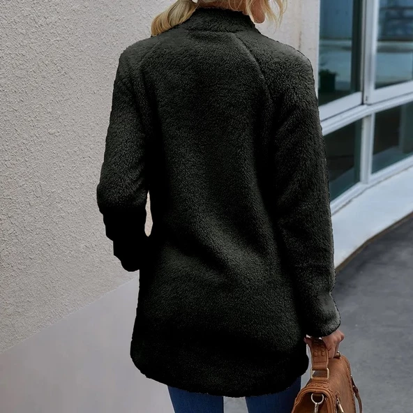 Uzun Kollu Kışlık Kadın Fermuarlı Tüylü Ceket Peluş - 2