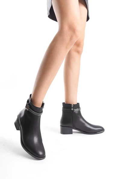 Kadın Kalın Topuklu Yanı Kristal Taş Detaylı Fermuarlı Günlük Şık Bot - Resim 2