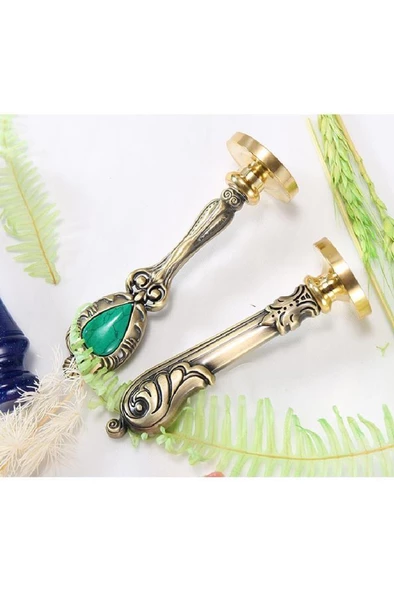 Mühürcüm Kraliyet Yeşil Taşlı Döküm Metal Mum Mühürü Sapı Bronz Renk R5798TGB - Resim 4