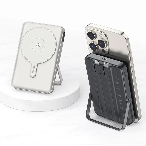 Recci RPB-W27 Samsung Galaxy Serisi Dijital LED Göstergeli Kablosuz Şarj Özellikli Type-C ve Lightning Kablolu Powerbank 20W 10.000mAh - 10