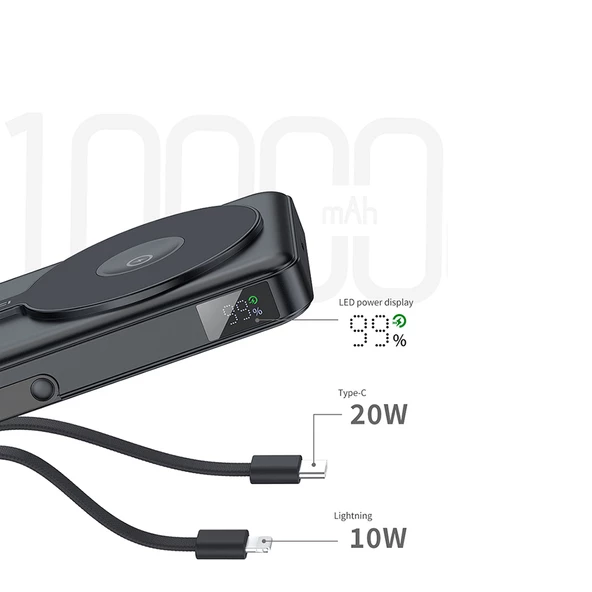 Recci RPB-W27 Samsung Galaxy Serisi Dijital LED Göstergeli Kablosuz Şarj Özellikli Type-C ve Lightning Kablolu Powerbank 20W 10.000mAh - 5