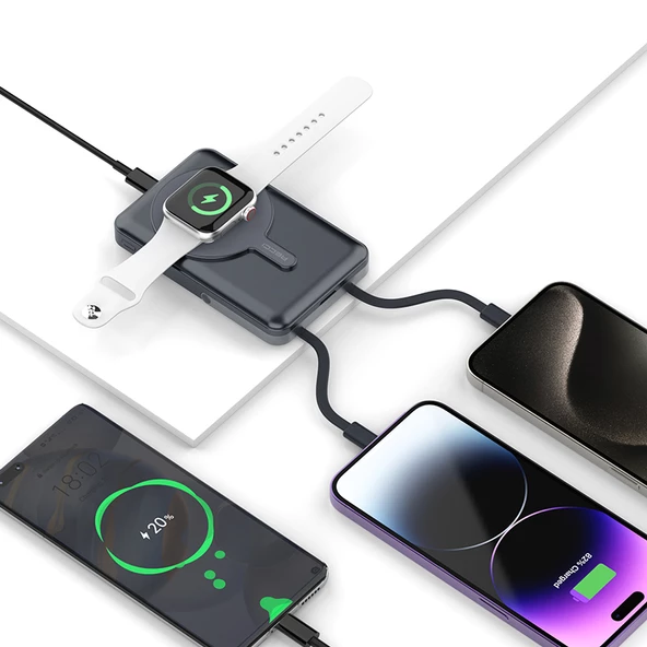 Recci RPB-W27 Samsung Galaxy Serisi Dijital LED Göstergeli Kablosuz Şarj Özellikli Type-C ve Lightning Kablolu Powerbank 20W 10.000mAh - 6