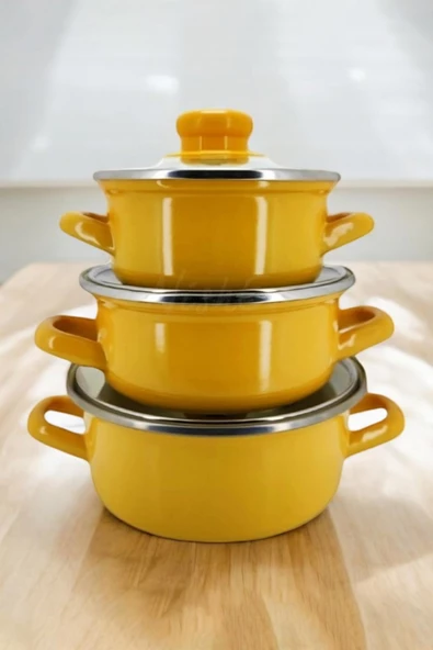 Nishev.com Evini Sev 6 Parça Mini Emaye Tencere Seti 12/14/16 cm – Sarı - 3