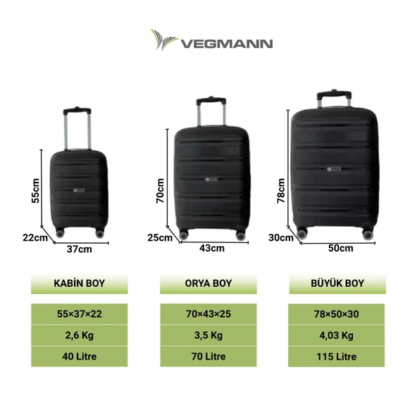Vegmann Polipropilen (PP) Atlas Siyah Kabin Boy Valiz - Resim 8