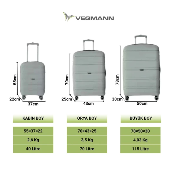 Vegmann Polipropilen (PP) Atlas Gri Kabin Boy Valiz - Resim 9