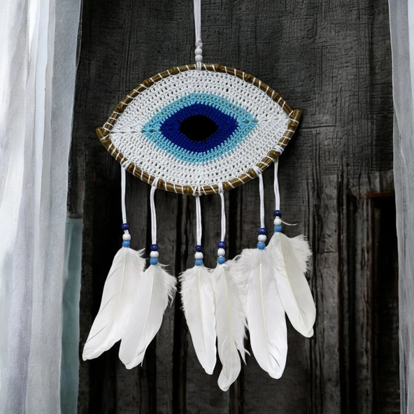 Beyaz Motifli Göz Model El Yapımı Duvar Süsü - Resim 3