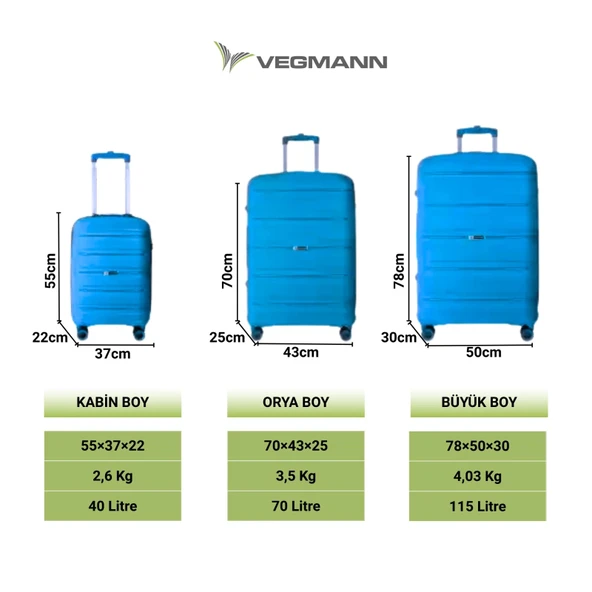 Vegmann Polipropilen (PP) Atlas Mavi Kabin Boy Valiz - Resim 10
