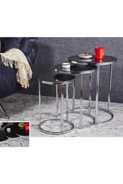 Evim-E Aksesuar Eko C Metal Iç Içe Girebilen 3'lü Zigon Nikel(gümüş) Kaplamalı - Siyah Temperli Cam