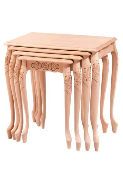 Evim-E Aksesuar 2119 Zigon Sehpa Lükens Kaba Oymalı Masif 4'Lü Cilasız Ham Ahşap