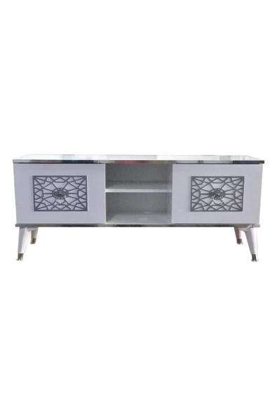 Evim-E Aksesuar 140 Cm Cnc Kesim Eko Tv Sehpası & Ünitesi - Beyaz & Nikel