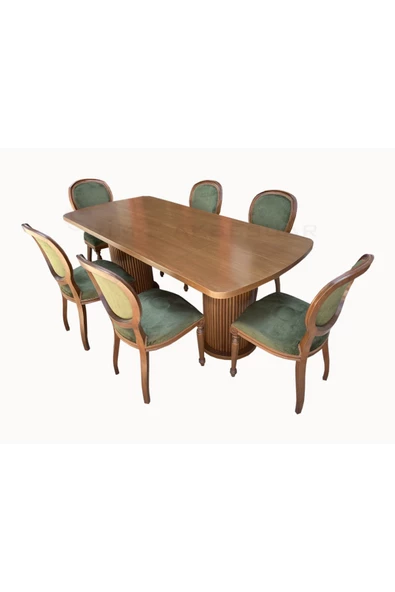 Evim-E Aksesuar 90 x 200 cm Sabit Oval Mantar Masa Takımı 6 Adet Madalyon (Gürgen)Sandalye+Masa Ceviz Renk - 3