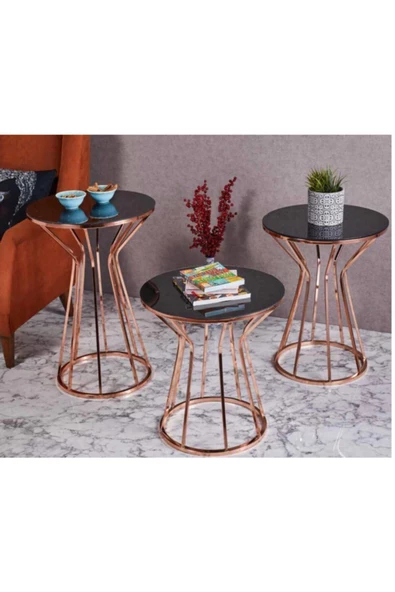 Evim-E Aksesuar Cadde Metal 3'lü Zigon Sehpa Yuvarlak Bakır (rose Gold) Kaplama - Siyah Temperli Cam
