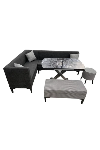 Evim-E Aksesuar Modern Mutfak Köşe Takımı Cam Masalı + Puflu Tamamı Ağaç Iskelet - 3