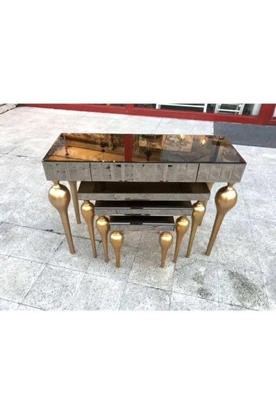 Evim-E Aksesuar Tombul Dresuar + Zigon Takımı Bronz Aynalı - Varak Renkli - 3