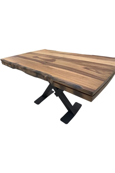 Evim-E Aksesuar Ortadan X Ayaklı Kütük Desenli Pistonlu Açılır Masa Doğal Ceviz Renkte 80x130 Cm - 2