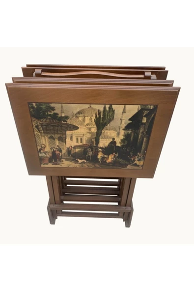 Evim-E Aksesuar Simitçi Çanta Zigon Resimli Katlanır 4'lü Ceviz Renk Tamamı Ahşap - 2