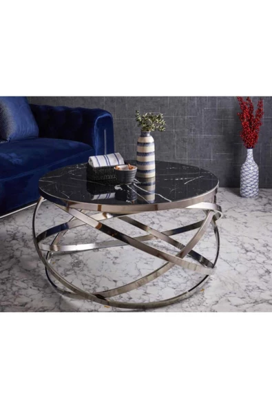 Evim-E Aksesuar Olimpik Metal Kaplamalı Orta Sehpa Yuvarlak Nikel(gümüş)-siyah Mermer Temperli Cam