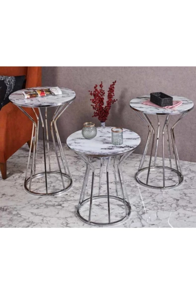 Evim-E Aksesuar Cadde Metal 3'lü Zigon Sehpa Yuvarlak Nikel (gümüş) Kaplama - Beyaz Mermer Temperli Cam