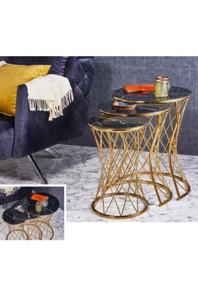 Evim-E Aksesuar Tel Örgü C Metal Içiçe Girebilen 3'lü Zigon Sehpa Gold (altın) Kaplamalı - Siyah Mermer Temperli Cam