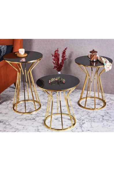 Evim-E Aksesuar Cadde Metal 3'lü Zigon Sehpa Yuvarlak Gold (altın) Kaplama - Siyah Temperli Cam