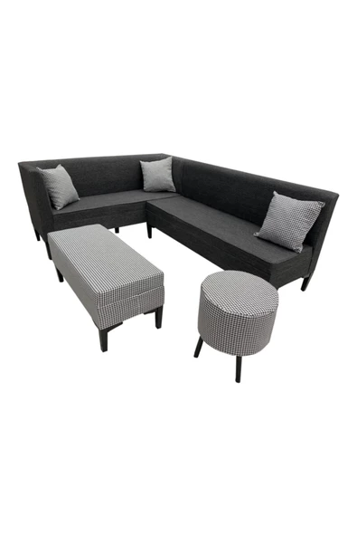 Evim-E Aksesuar Modern Mutfak Köşe Takımı Cam Masalı + Puflu Tamamı Ağaç Iskelet - 4