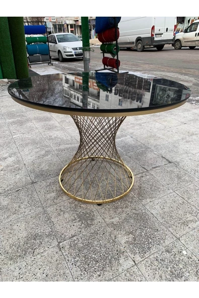 Evim-E Aksesuar Pota Metal Ayaklı 110 Cm Yuvarlak Ahşap Tablalı Masa Siyah Mermer+gold Kaplama - 2