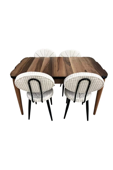 Evim-E Aksesuar Mdf Ceviz Açılır Kütük Masa + 4 Adet Midye Metal Döşemeli Sandalye - 4