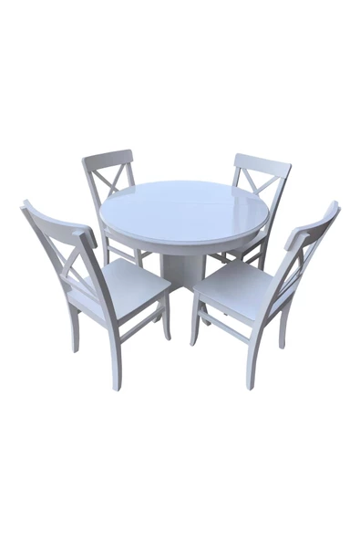 Evim-E Aksesuar 93 Cm Yuvarlak Açılır Masa + 4 Çapraz Sandalye Tamamı Ahşap Lake Beyaz - 2