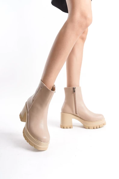 Kadın Platform Taban Bot Kalın Topuklu Yanı Taş Detaylı Yuvarlak Burun Şık Topuklu Bot - Resim 2