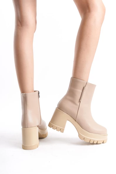 Kadın Platform Taban Bot Kalın Topuklu Yanı Taş Detaylı Yuvarlak Burun Şık Topuklu Bot - Resim 3