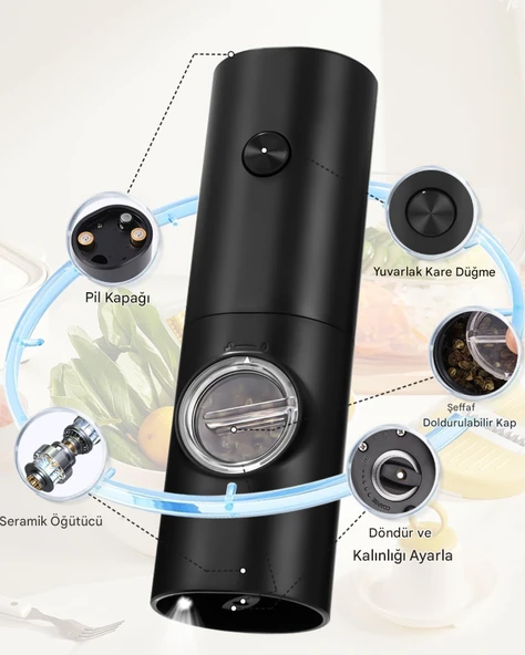 QASUL Tek Elle Ayarlanabilir Pürüzlülük Pille Çalışır Mutfak Yemek Veya Hediye İçin Baharat Aletleri - 3