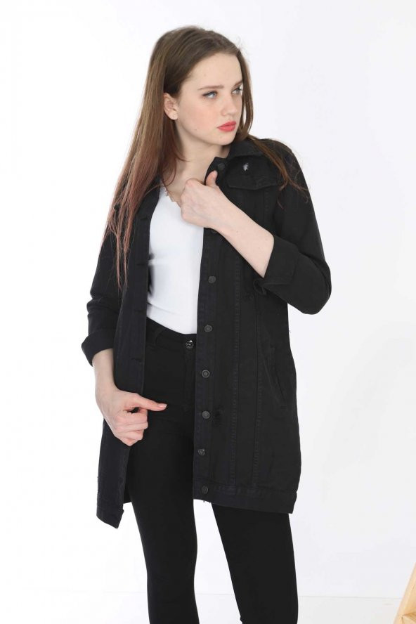 Mayın Kadın Siyah Uzun Kot Ceket Lazer Yırtık Detaylı - 2