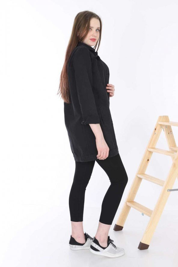 Mayın Kadın Siyah Uzun Kot Ceket Lazer Yırtık Detaylı - 3