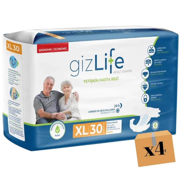 Gizlife Belbantlı Ekstra Büyük Boy Xl 30'lu 4 Adet Hasta Bezi