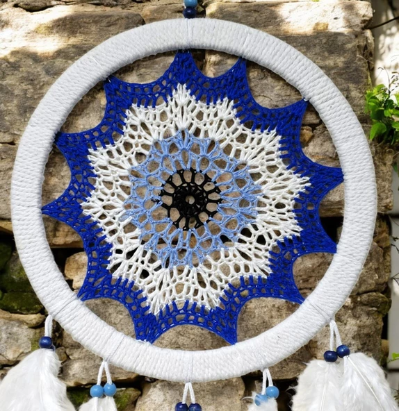 Saks Mavisi Nazar Motifli Kuş Tüylü Duvar Süsü - 3